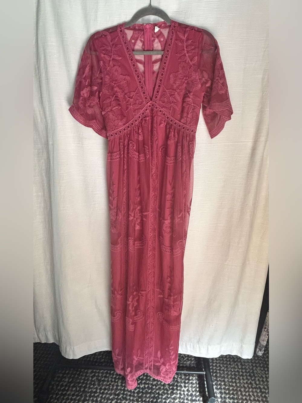 Pinkblush Floral Embroidered V-Neck Whimsigoth Fairy Maxi Dress in‎ Deep Rose